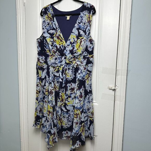 Flowy Floral Dress Womens 20W Blue A Line Fully Lined V Neck Plus Size Colorful - Picture 1 of 9
